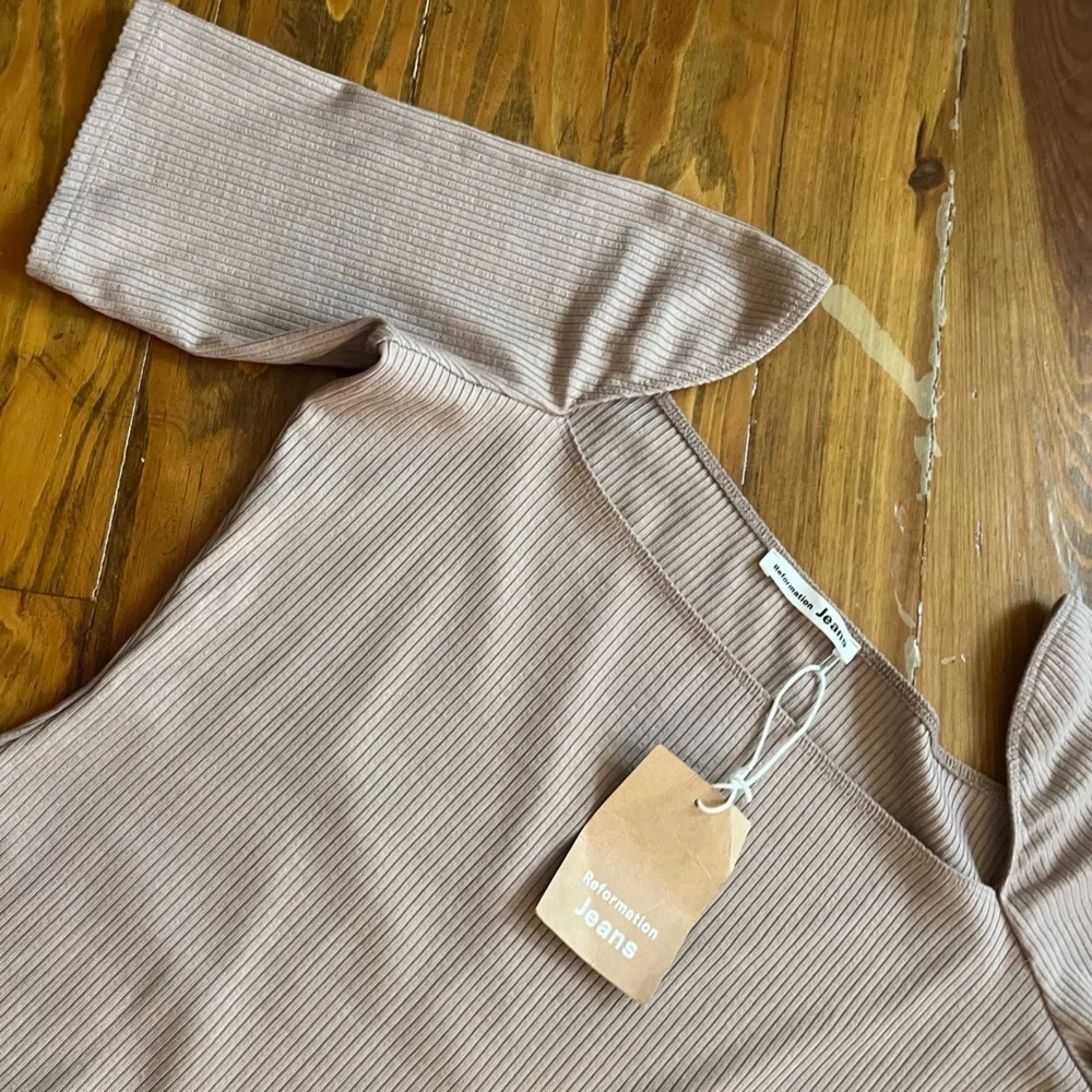 Reformation NEW Tan Sarita Dress Knit Ribbed Square Neck L Mini‎ Dress Bodycon